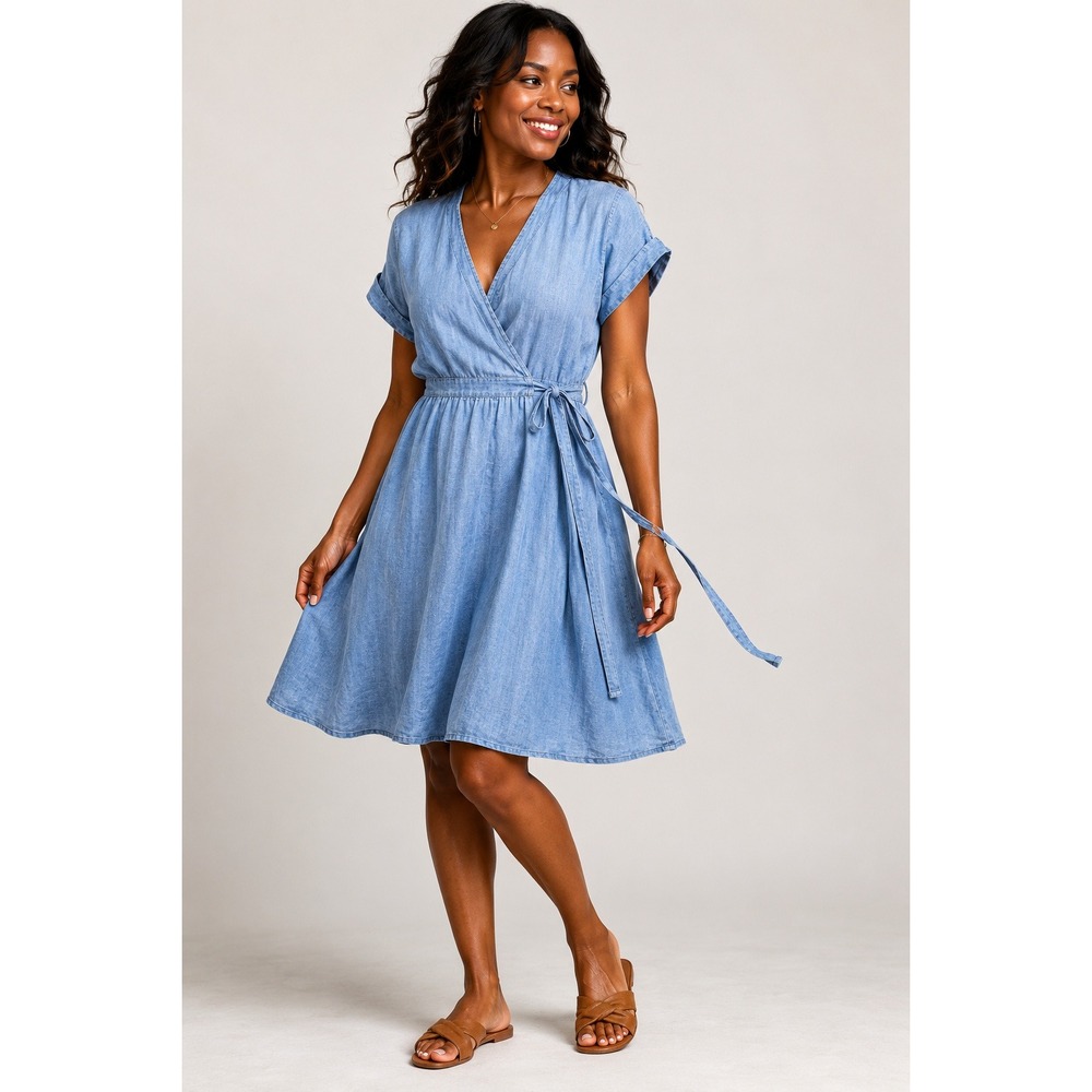 Grae Cove 100% Linen Short Sleeve‎ Wrap Dress Blue Womens Medium